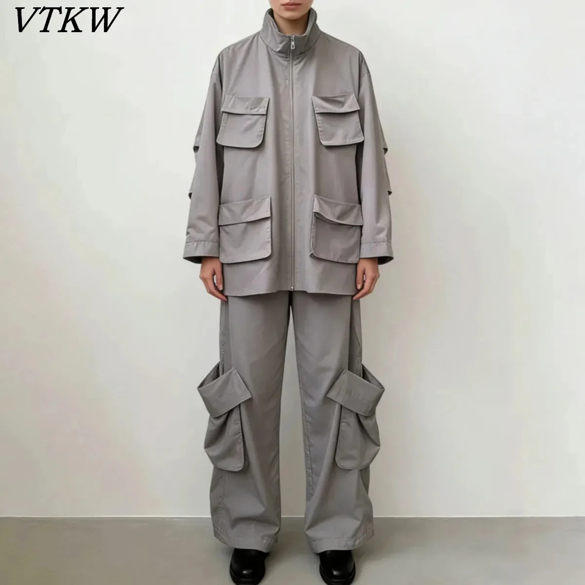 

VTKW 2026 New Women 2 Piece Cargo Pants Set Stand Collar Zip Up Jacket Multi Pocket Wide Leg Trousers Oversized Utility Outfit