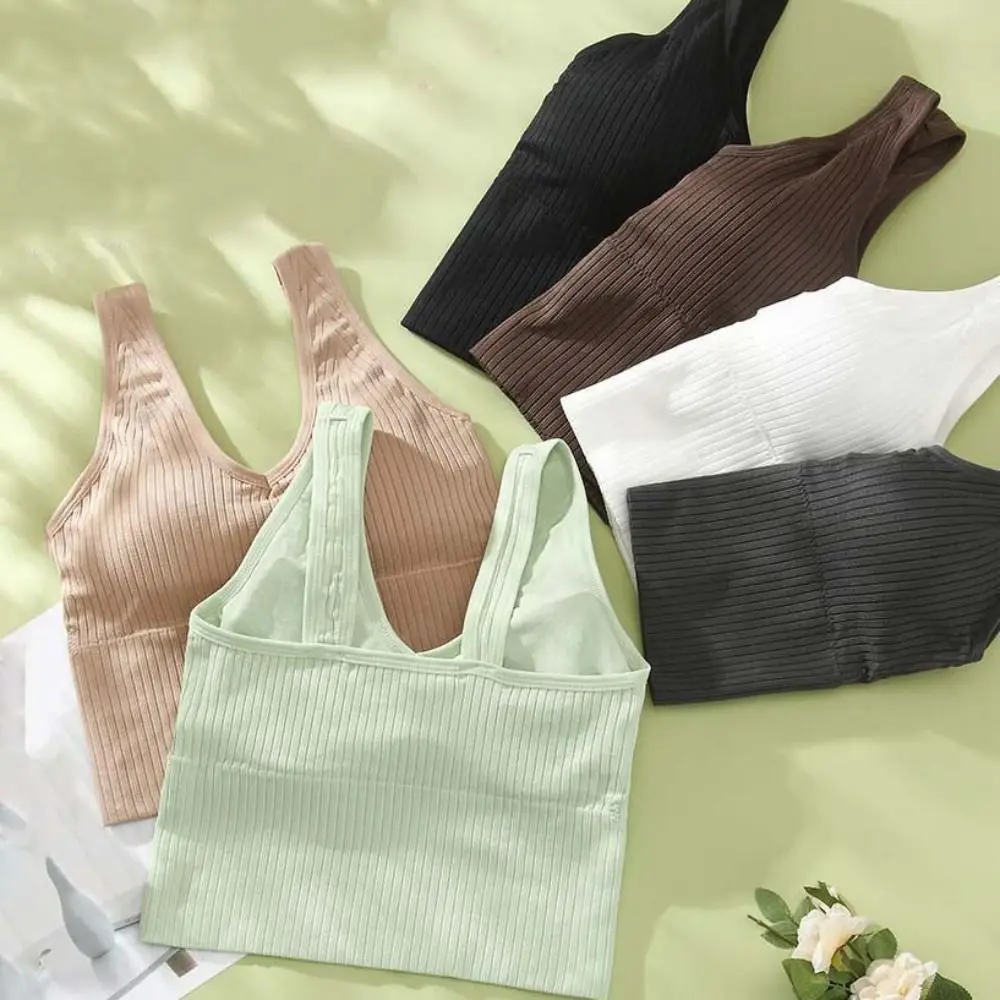

Sweet V-neck Solid Thread Camisole Gather Beauty Back Bra with Pads Camisole Simple Tube Tanks Seamless Vest Top Girls