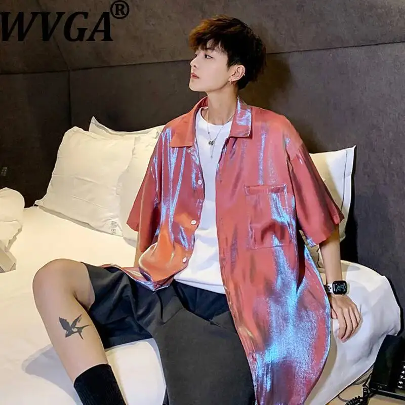 

WVGA Summer New Men's Trendy Polarized Glossy Short Sleeve Shirt Niche Chic Casual High-end Loose Oversized SunProof Tops W23478