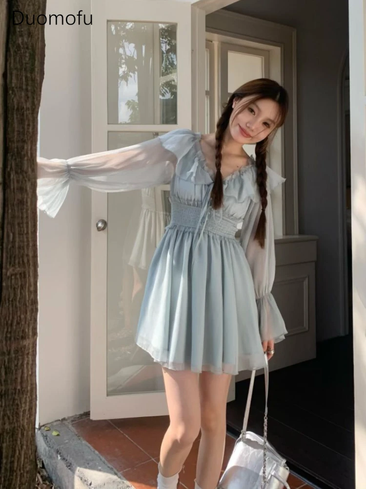 Duomofu Y2k Fairycore Blue Mini Dress Women Korean Style Ruffles Long Sleeve Tunic Dresses Sweet Egirl Princess Vestidos Autumn