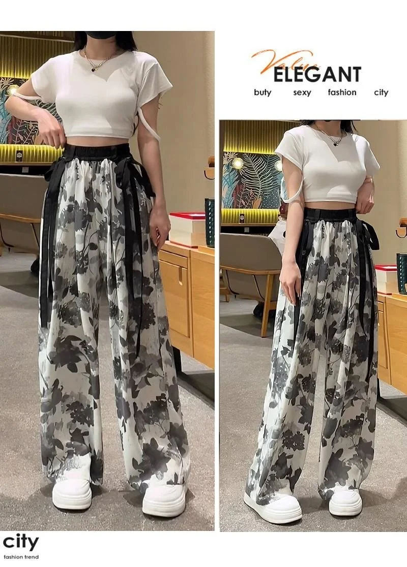 Women's Thin Casual Ice Silk Chiffon Wide Leg Pants 2025 Summer New Style Strap Drop Straight Tube Floor Trousers Korean Women