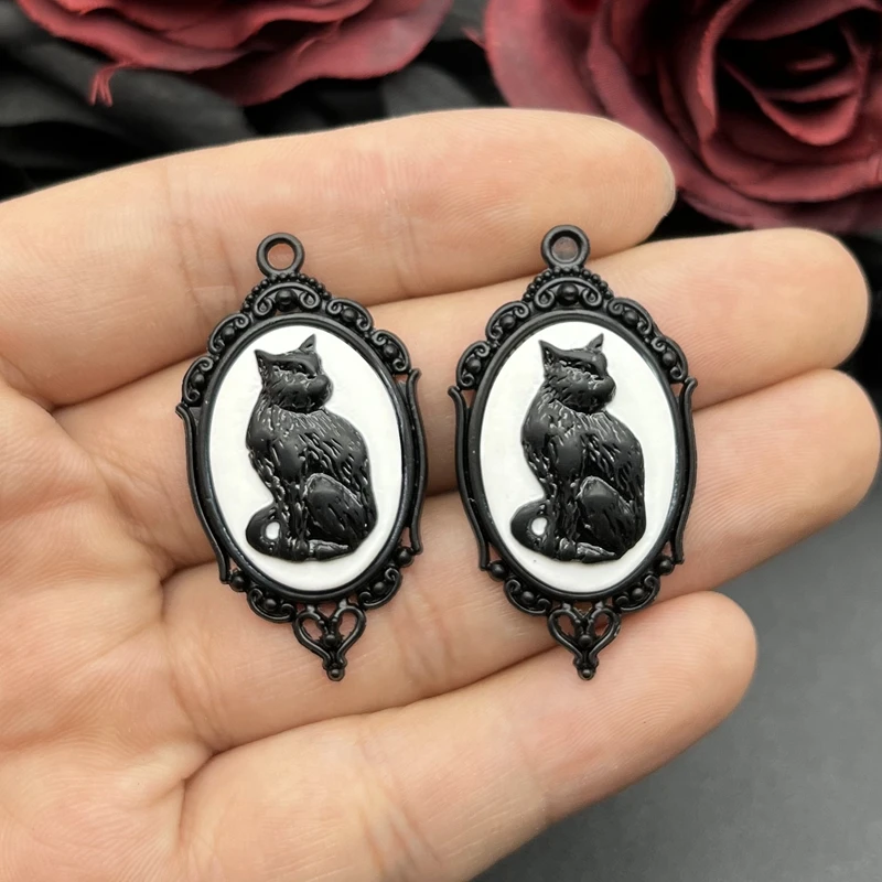 Dijes de camafeo de gato negro gótico Vintage, colgante de bruja de Halloween, 4 piezas, 42x24mm, apto para la fabricación de joyas, accesorios de