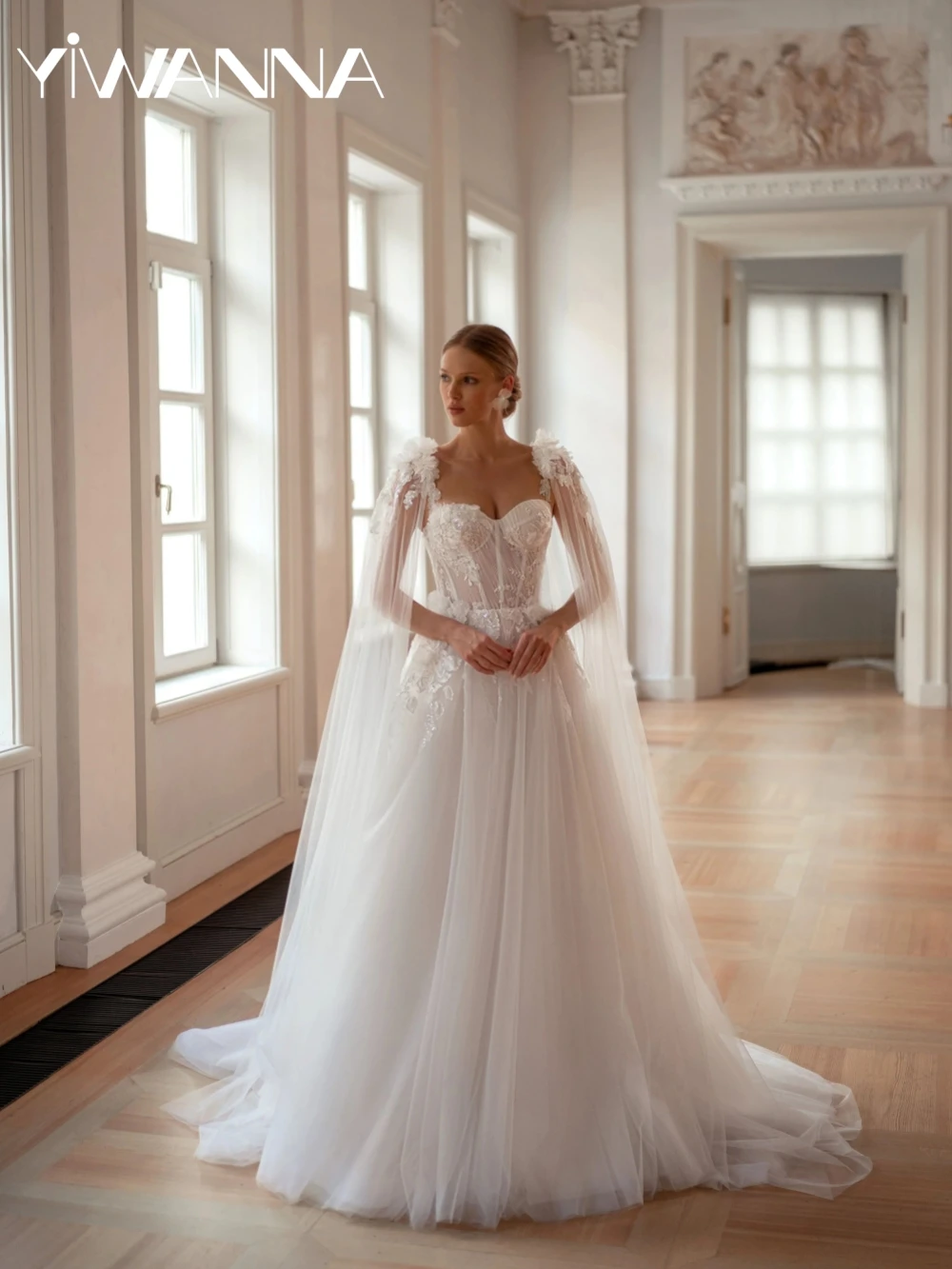 

Graceful Beaded Tulle A-line Long Wedding Dress With Cape Sleeve Sweetheart Neck Bridal Gown Customized New Dresses For Bride