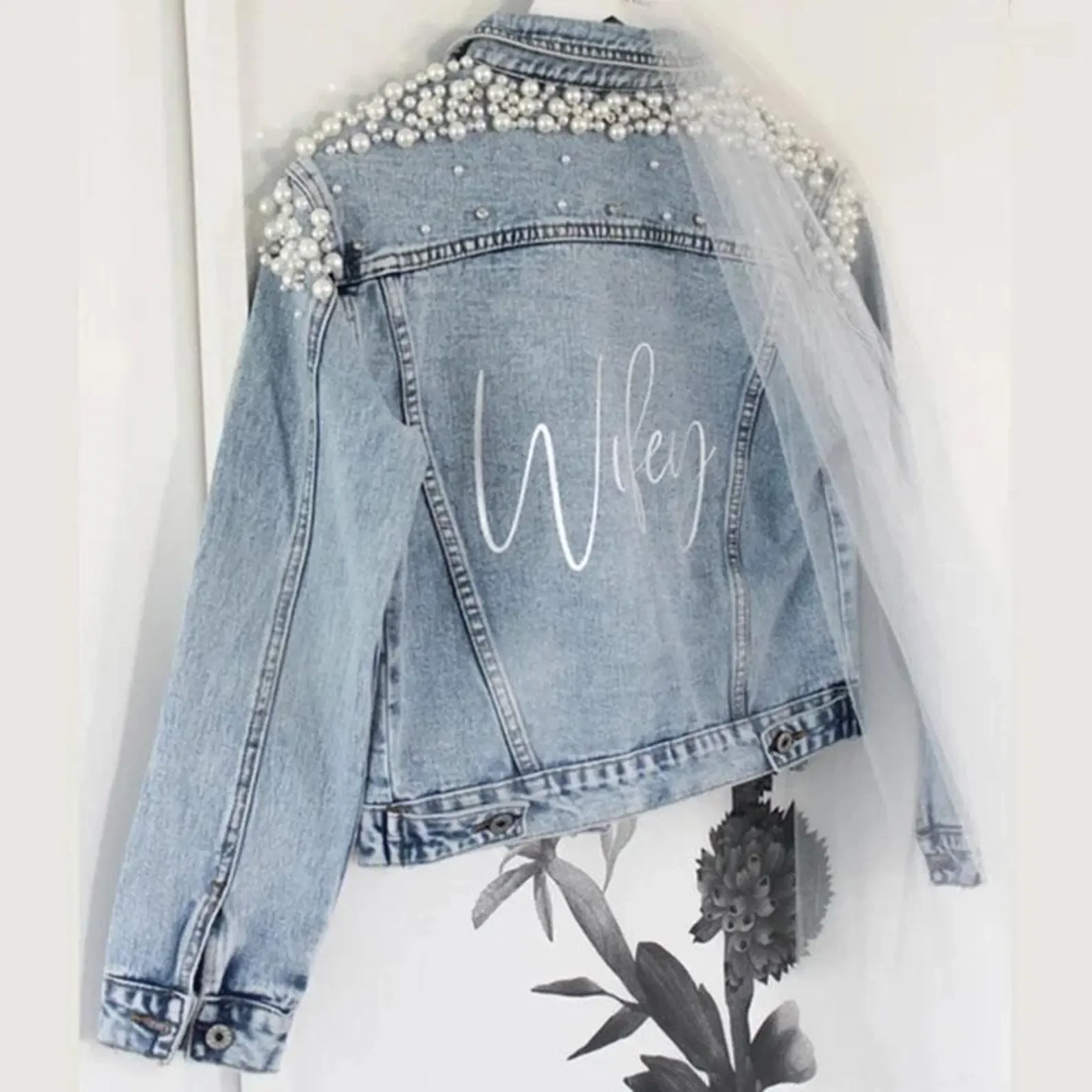Bachelorette Wifey Jean Jackets Hen Party Gift Custom Bride Denim Jacket Pearl Mrs Outerwear Personalised Coats Wedding Day - Image 2
