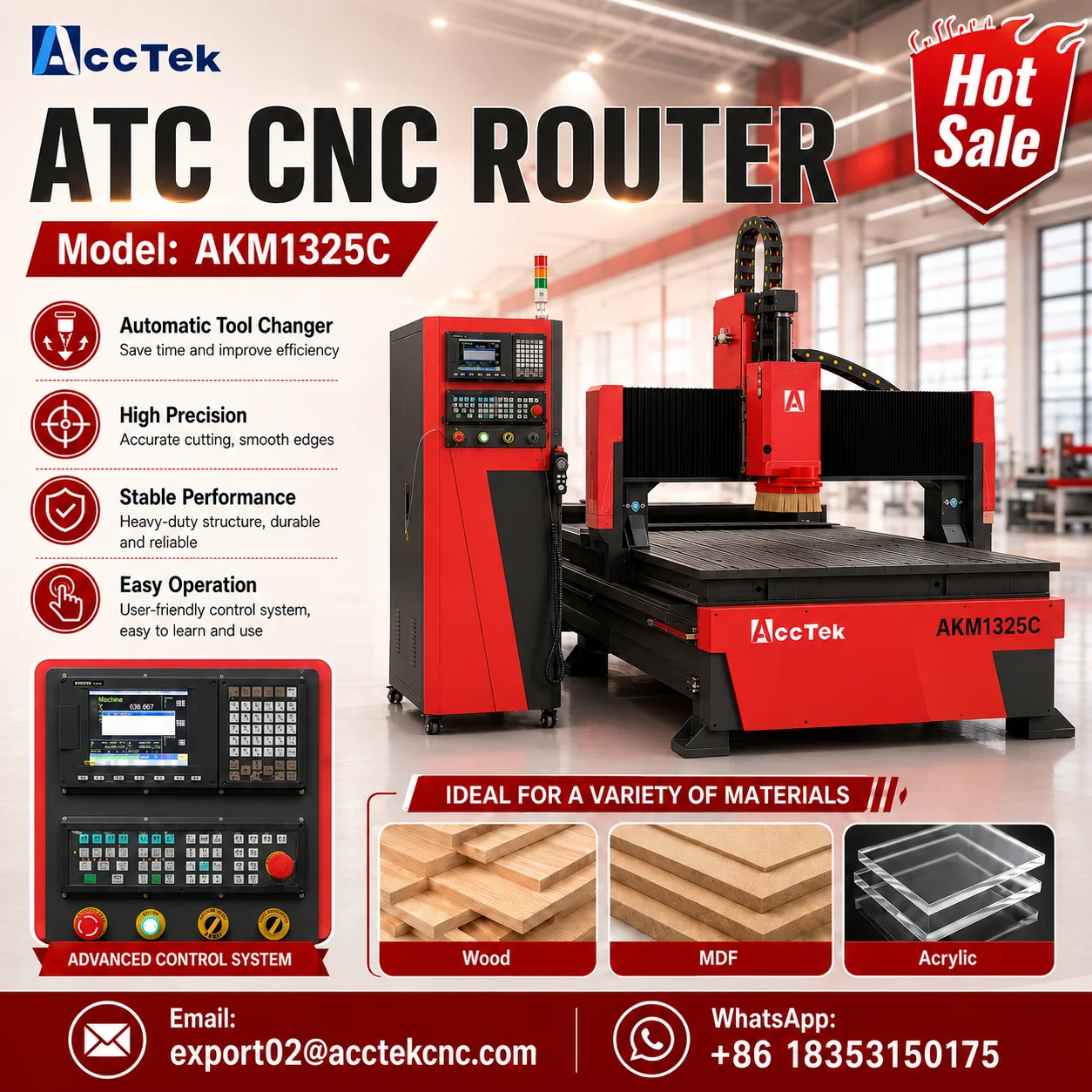 High End AKM1325C ACCTEK 3 Axis ATC CNC router 4*8ft Vacuum Table Wood Cnc Milling Cutting Machine ATC CNC Router with 9kw Power