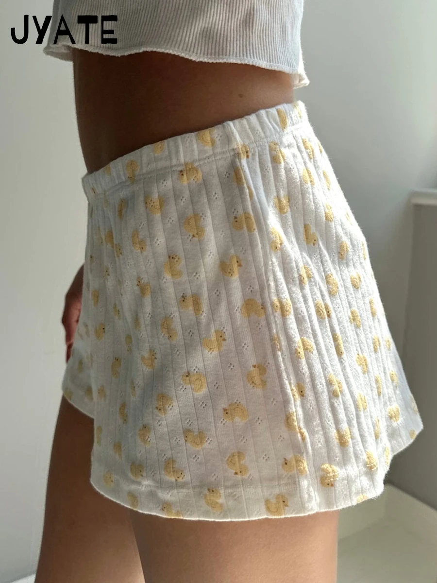 Kleine Ente Druck Baumwolle Öse Shorts Frauen Neue Casual Elastische Hohe Taille Gerade Kurze Hosen Süße Nette Vintage Sweatshorts