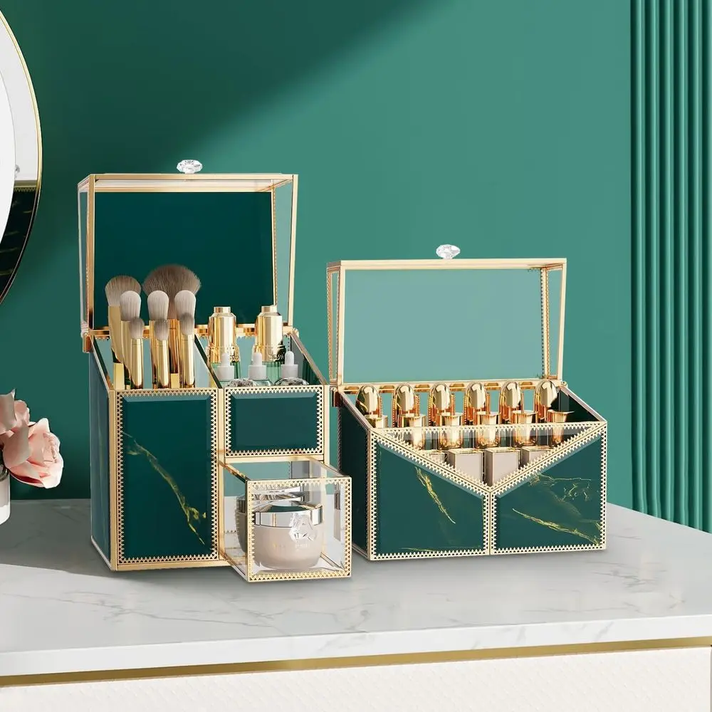 

Makeup Organizer Countertop Set – Vanity Holder with 18-Slot Lipstick Organizer & Covered Makeup Brush Holder – Skinc