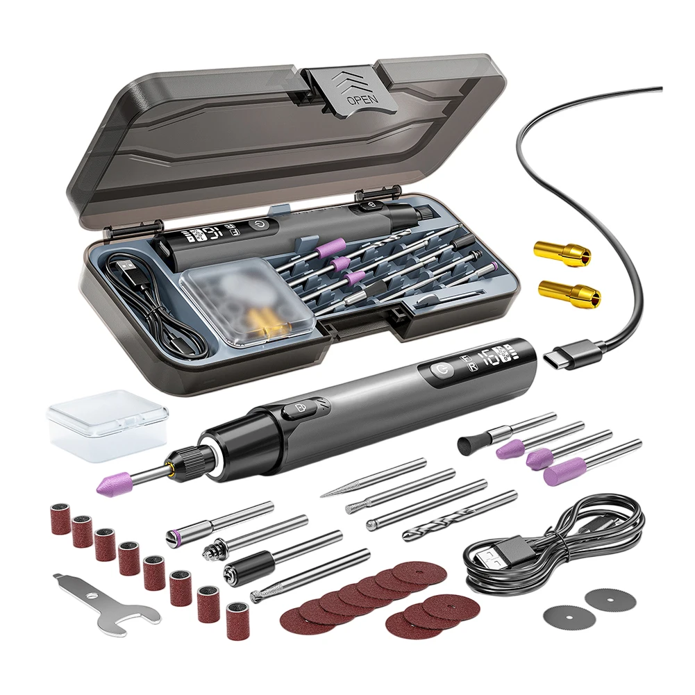 

Набор беспроводных роторных инструментов с перезаряжаемой батареей, LED-дисплеем скорости и 30 насадками для работы по дереву и детализации