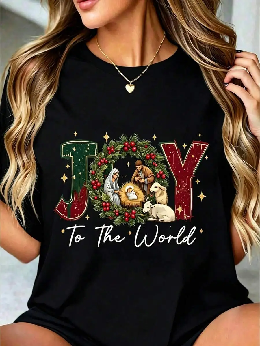 Women's Crew Neck Short Sleeve Graphic T-Shirt, Black Christmas Nativity Scene Joy To The World Print, Casual Holiday Gathering Everyday Tops For Ladies