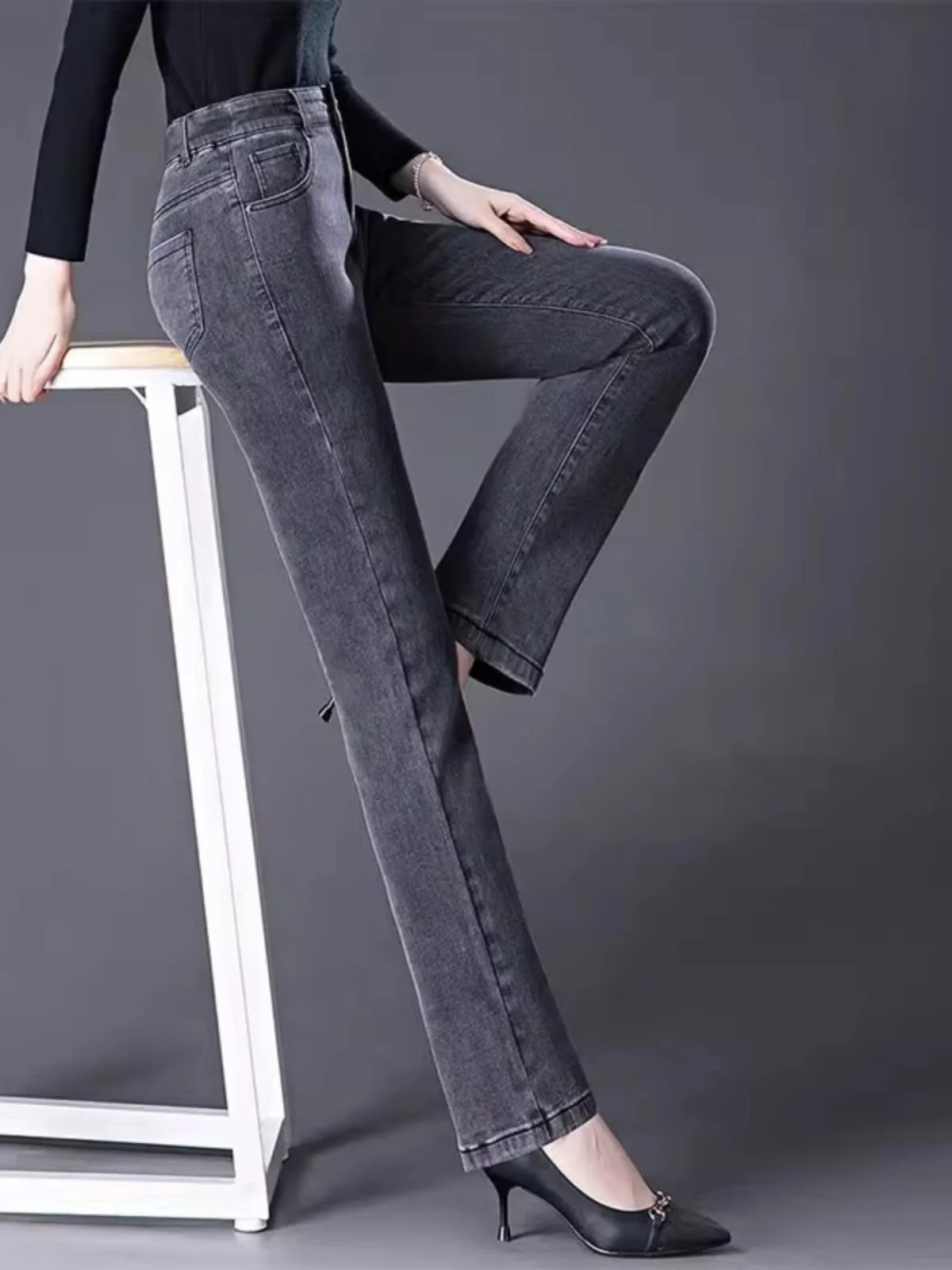 High Waist Straight Leg Denim Jeans Women's Elastic Black Long Pants Spring Autumn New Style Mom's Fashion Ladies Slim Fit
