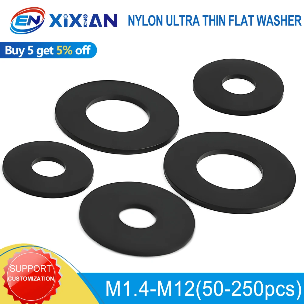 Image of M1.4 M1.7 M2 M2.5 M3 M4 M5 M6 M8 M10 M12 Nylon Ultra Dünne Flache Unterlegscheibe Schwarze Runde Kunststoff-Dichtung Isolierend Verschleißfest