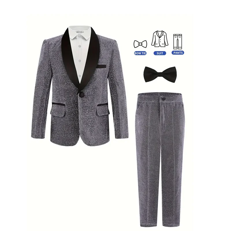 Boys Jacket Pants Bowtie 3pcs Birthday Party Suit Boys Piano Host Performance Costume Children's Blazer Suit For Wedding