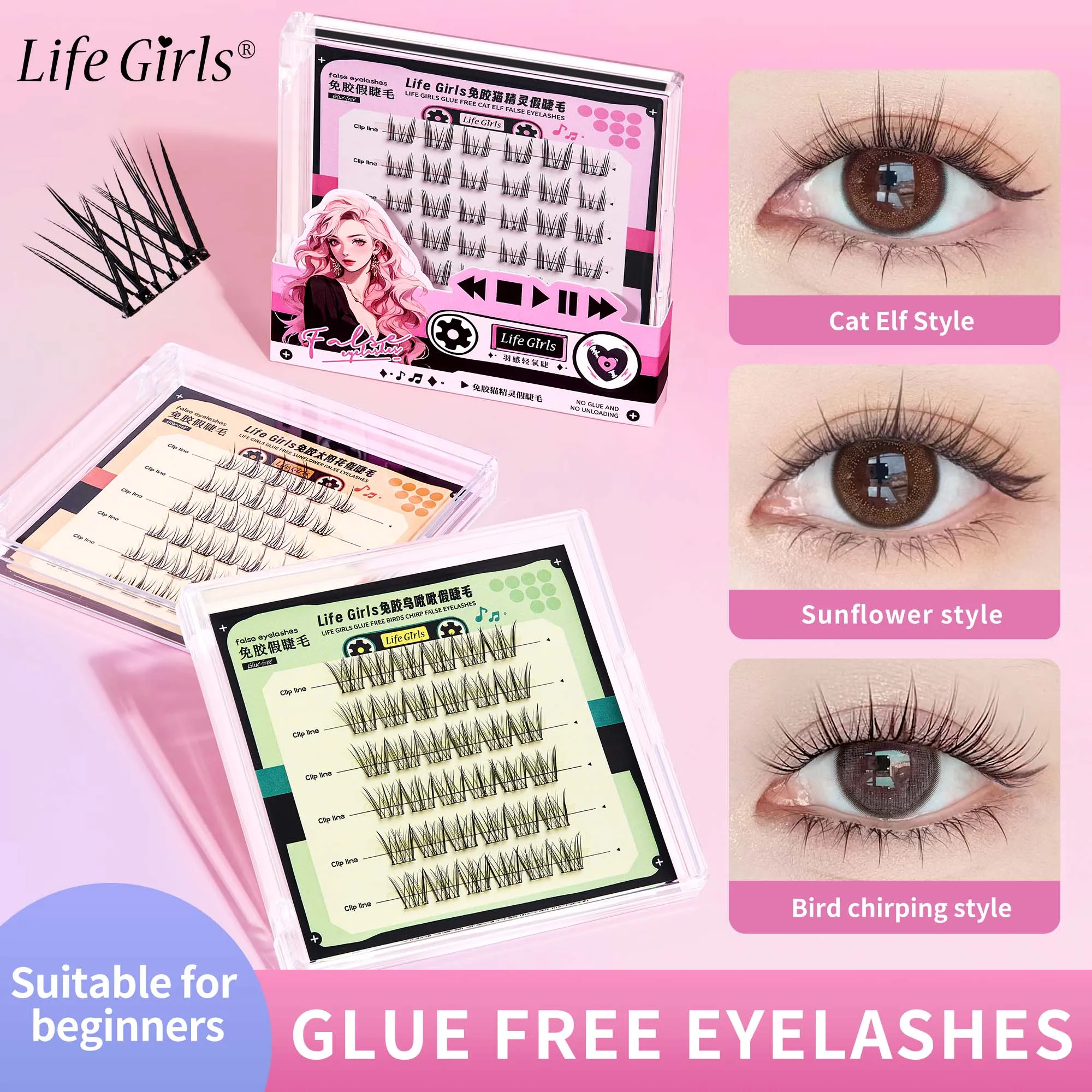 Life Girls 36 Cluster, kleberfreie falsche Wimpern, leichte, segmentierte, natürliche Locken, selbstklebende obere Wimpern für Anfänger