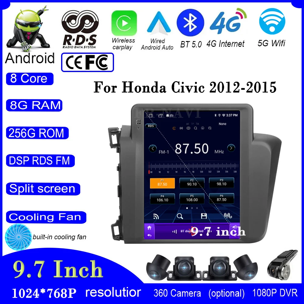 

9.7 Inch Scree DSP IPS For Honda Civic 2012-2015 Android 14 Car Radio Multimedia GPS Navigation Player RDS Video Carplay