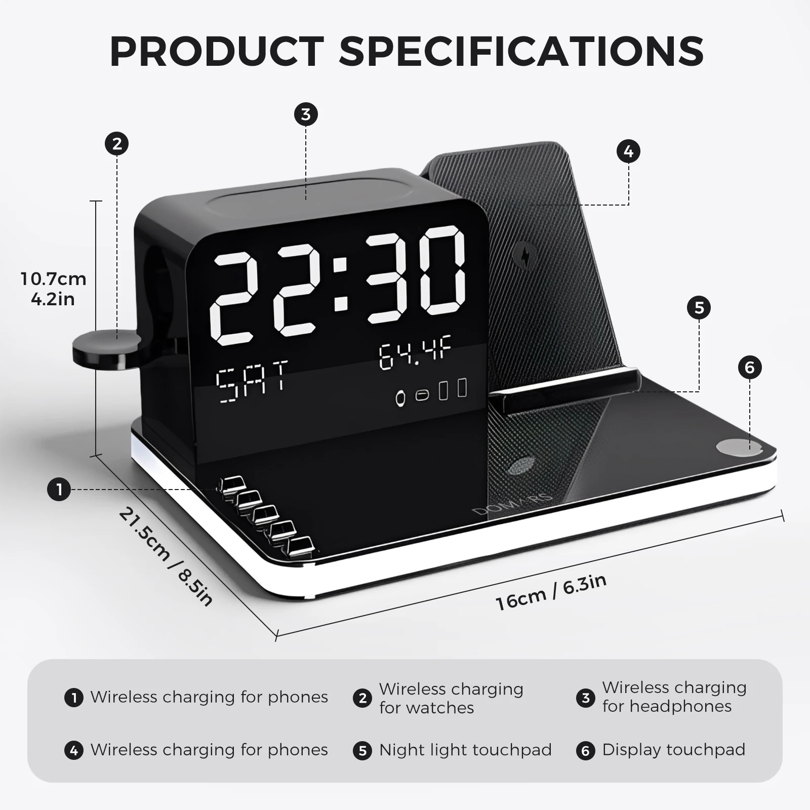 Domars 7-in-1 Wireless Charger Phone Charging Stand With Night Light Time Temperature Display For IPhone Headphones and Watches