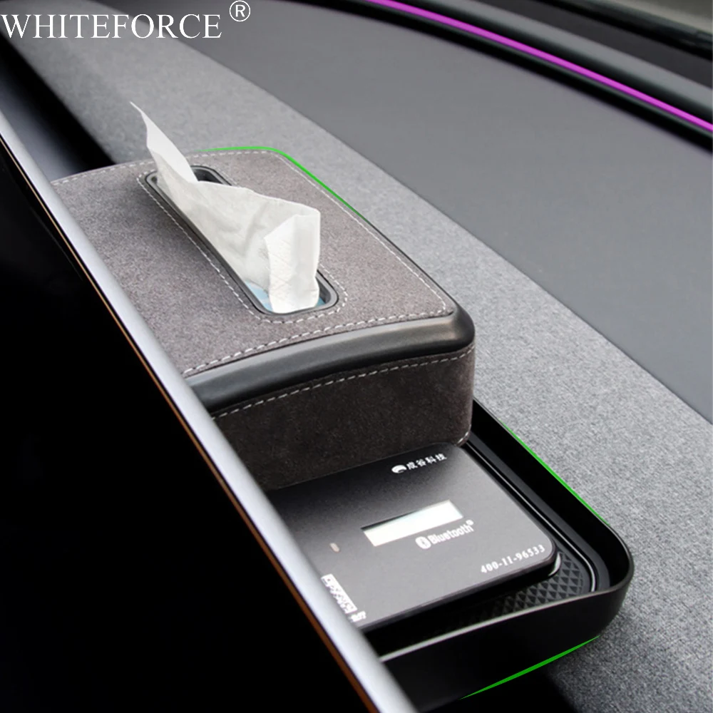 For Tesla Model 3 Highland Center Screen Console Paper Napkin Box Behind Screen Suede Tissue Storage Box Hidden Tissue Holder