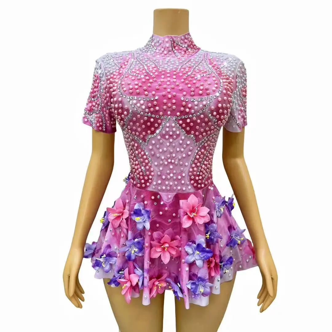 Brand Designed Pink Flower Pearls Diamonds Dress Women Birthday Celebrate Cute Leotard Costume Singer Show outfit Hualilong