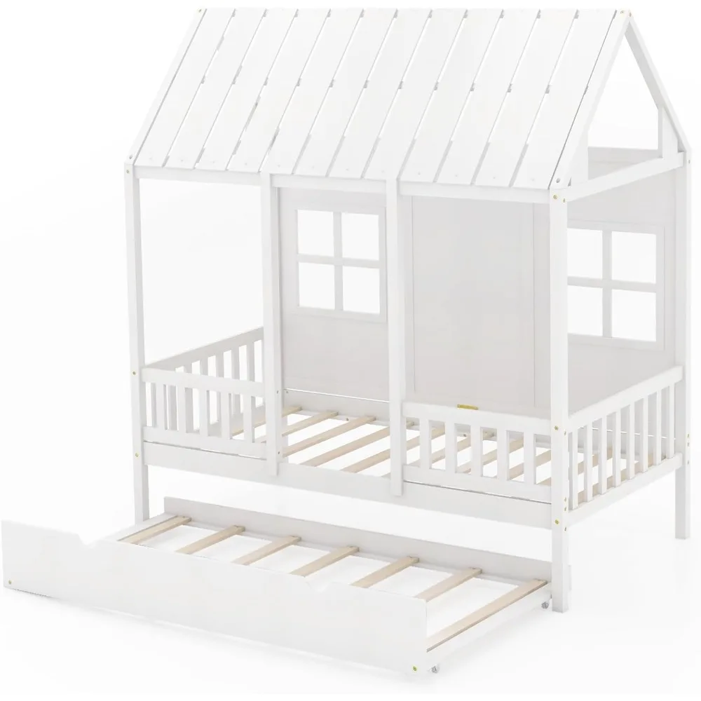 Twin Size House Beds with Trundle, Wood Kid’s House Bed Frame with Roof, Windows, Rails, Playhouse Bed Frame with Bed Slats