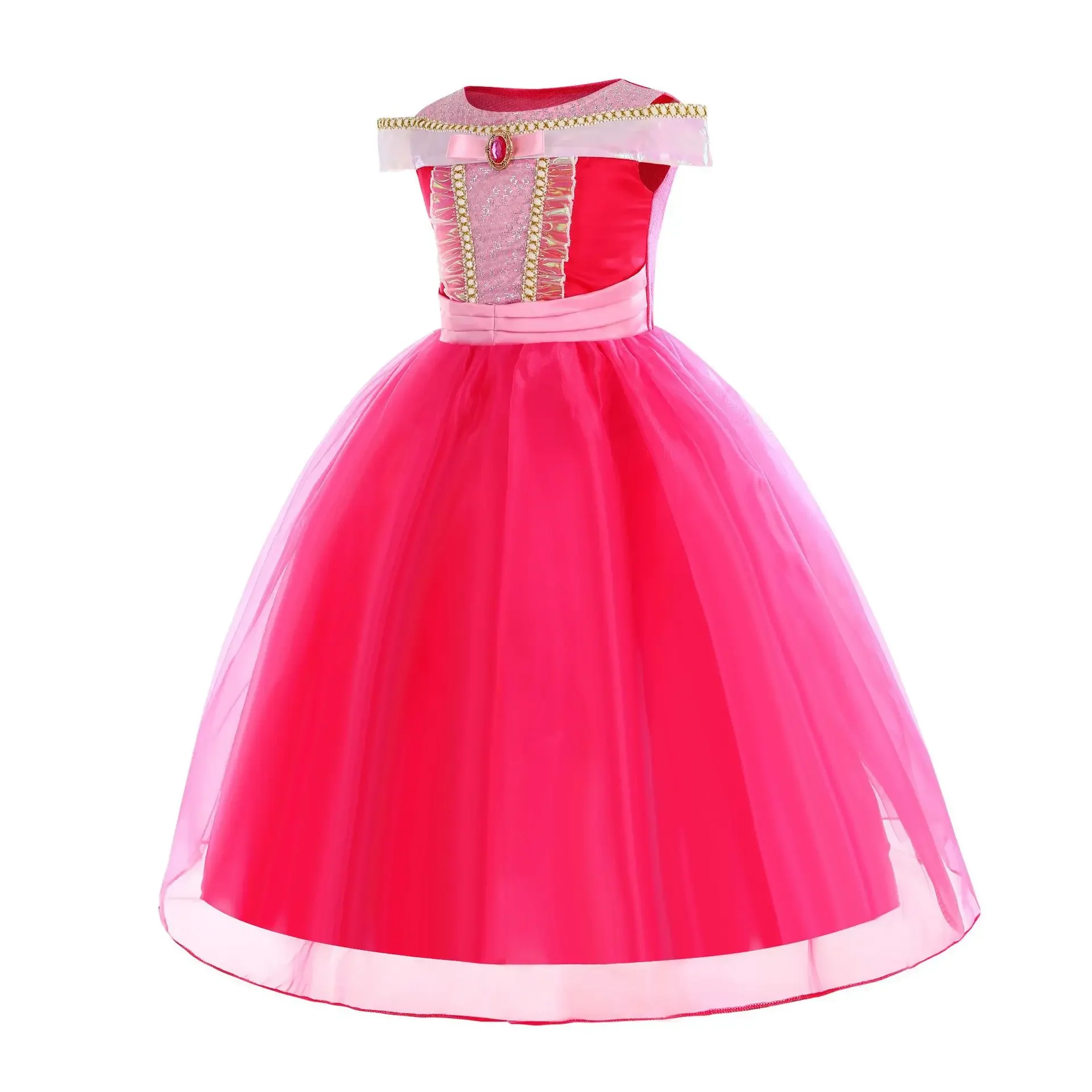 Fancy Girls Princess Pink Aurora Dress Floral Girls Sleeping Beauty Elegant Mesh Ball Gowns Children Christmas Party Costumes