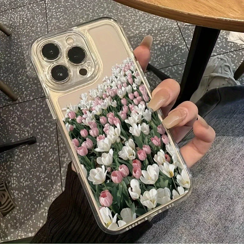 Funda para teléfono de Tpu transparente con diseño de tulipán rosa y blanco, adecuada para iPhone 17 Pro Max Air, iPhone 16, 14, 13, 12, 11 Air Plus Pro Max Series, adecuada para diversos vacaciones, cumpleaños, parejas, familiares, amigos