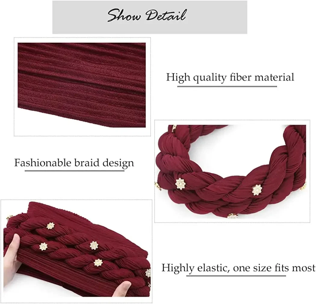 Rippled ผู้หญิงมุสลิม Hijab หมวก Double Braid เพชร Turban หมวก Lady มะเร็ง Chemo หมวกหญิงหมวก Bonnet ผมฝาครอบ