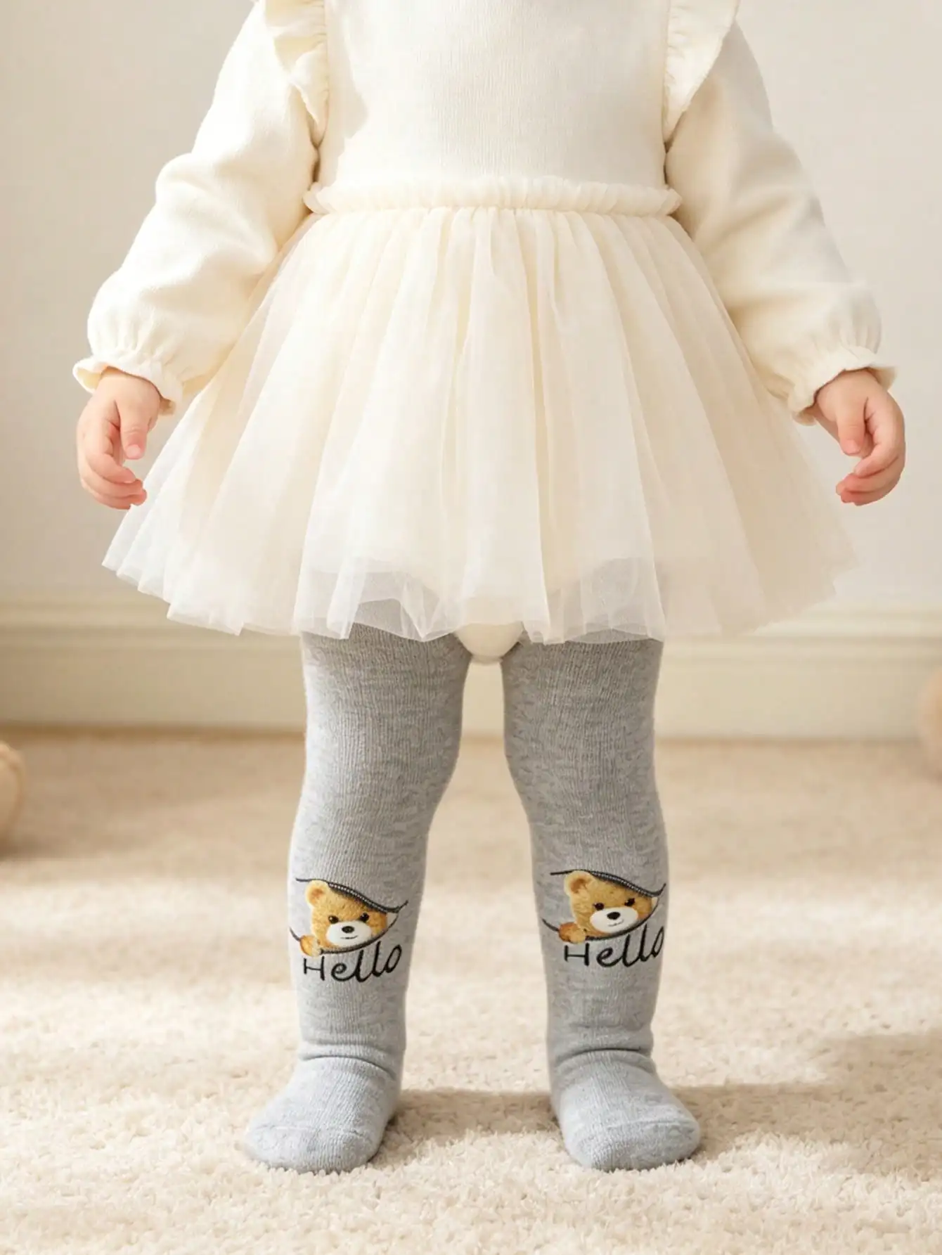 3Pcs Infant Baby Girl Tights Autumn Cute Cartoon Bear Print Soft Elastic Knit Pantyhose Daily‑Wear Leggings for Little Kids 0‑3Y
