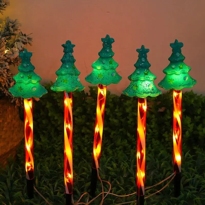 5pcs/set Christmas Tree&Red Elk Solar-Powered Lights Xmas Candy Cane LED Decoration Lawn Lights Outdoor Garden Yard Path Decor