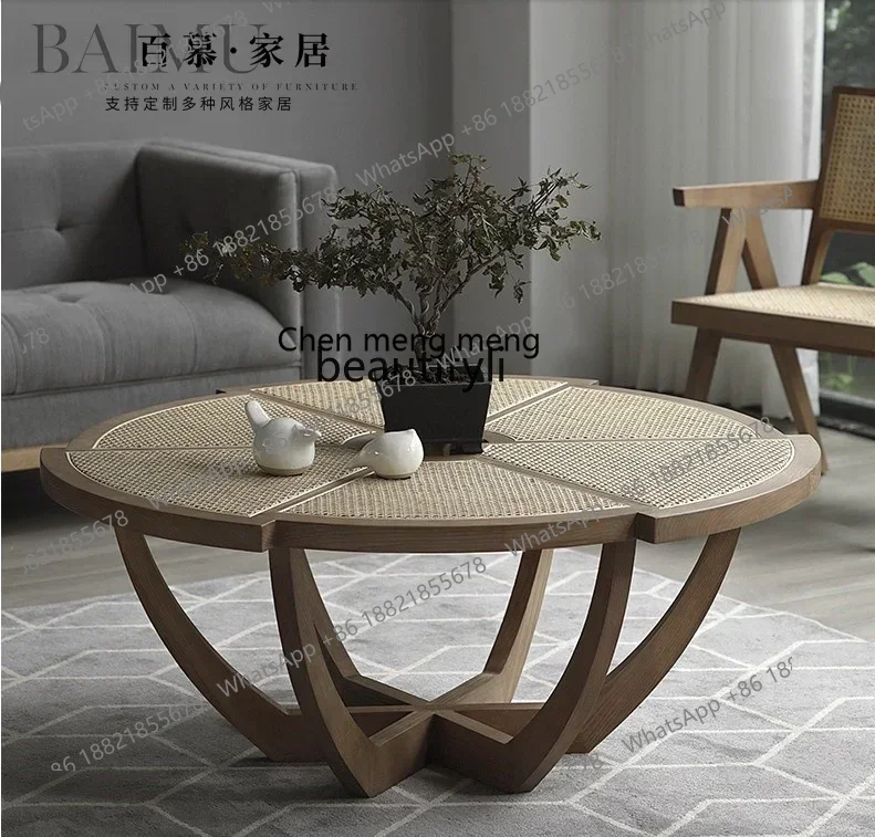 New arrive Japanese style solid wood round rattan coffee table ash wood modern creative low table round coffee table Nordic