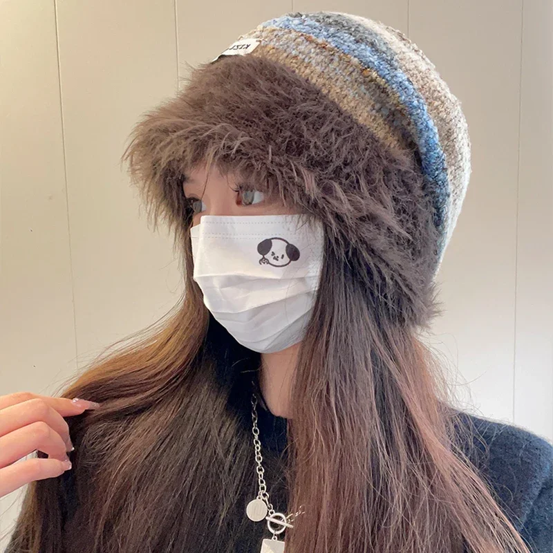 Colorful Plush Women Winter Hat Knitted Warm Baggy Beanie Outdoor Windproof Ladies Girls Ear Protection Cap