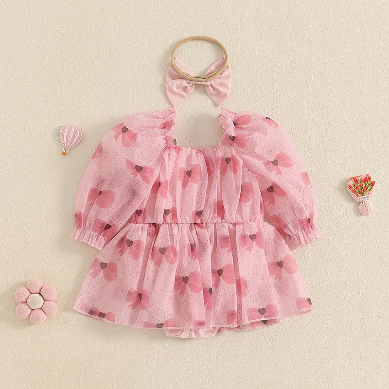 Baby Girls Rompers Dress Bowknot Print Long Sleeve Mesh Skirt Hem Jumpsuits with Headband Newborn Clothes