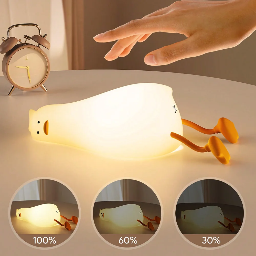 Cute Duck Silicone Night Light with Tap Control 3-Level Dimmable LED Bedside Lamp for Kids and Adults Rechargeable Bedroom Decor