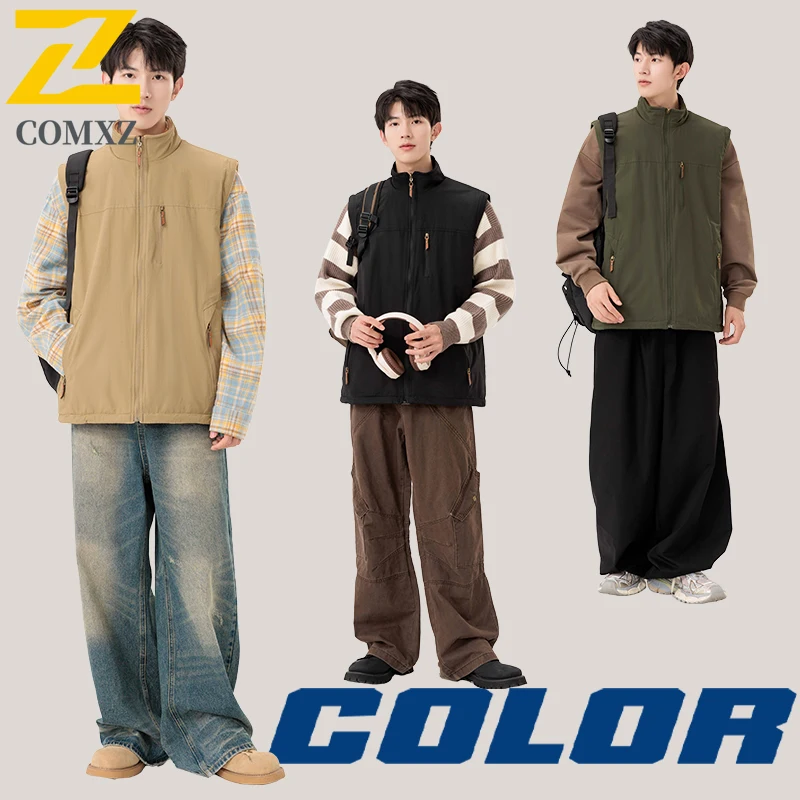 Nieuwe heren dubbelzijdig fleece vest harajuku fotografie vissen dikke mouwloze jas 2025, winter koudebestendige mouwloze vesten