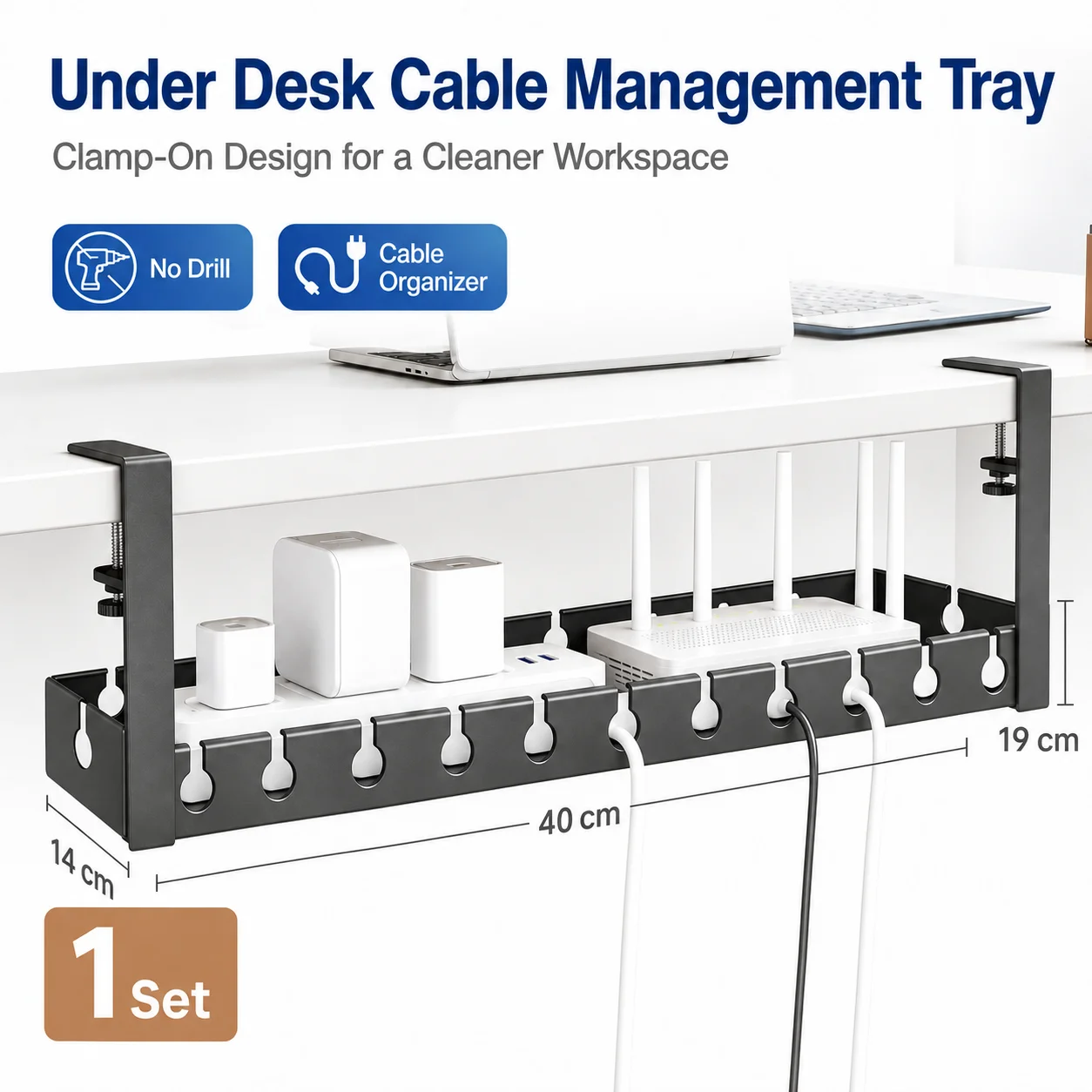 Under Desk Cable Management Tray No Drilling Retractable Metal Wire Organizer Power Strip Storage Rack for Home Office