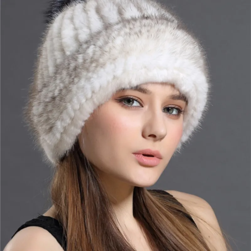 

New real fur women's thick warm ear leather woven ball hat