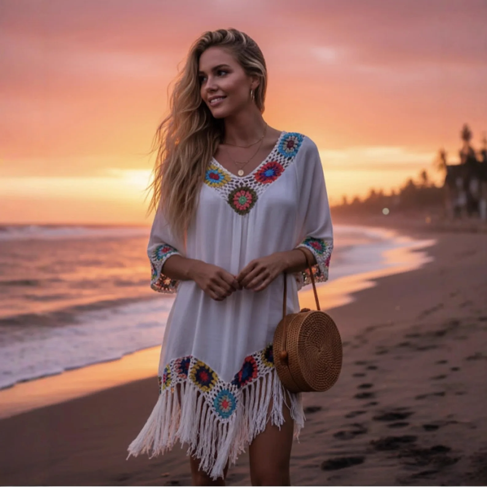 

Colorful Floral Block Crochet Fringed Beach Dress Sexy Asymmetric Hem Swim Cover Up for Summer Vacation