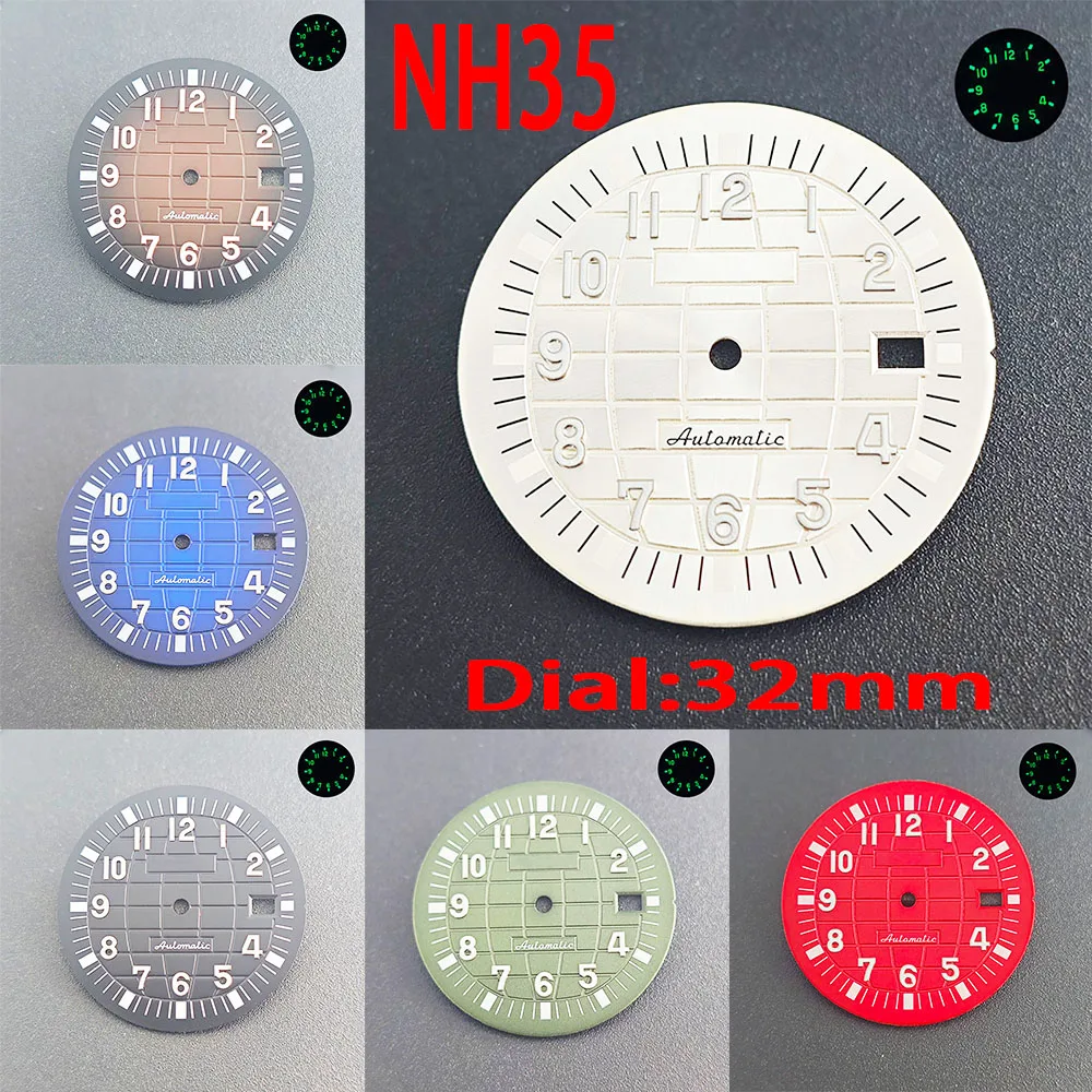 Men\'s hands 32mm dial green luminous NH35 watch dial NH35 NH36 automatic mechanical movement case strap pointer accessories