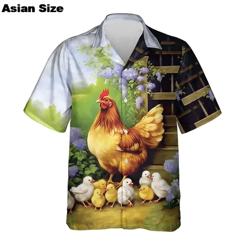 Chicken Hawaiian Shirts For Men Clothes Poultry Casual Button Down Short Sleeve Shirt Great Rooster Lapel Blouse Man Streetwear