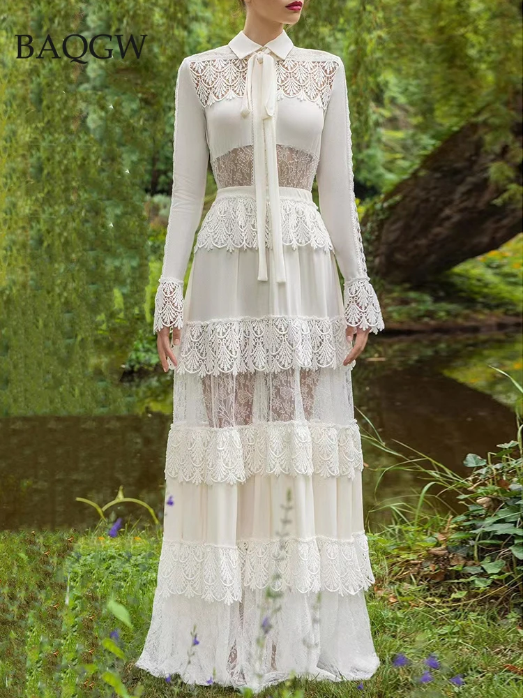 

Lace Spliced Mesh Cut Out Elegant Dresses for Women Lapel Long Sleeve High Waist Patchwork Tiered Lace Dress Female Fashion