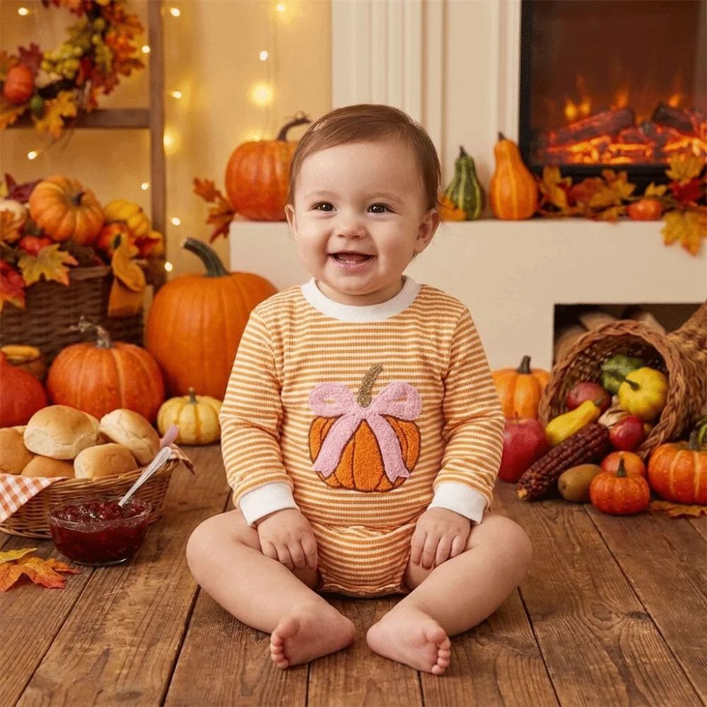 Sweet Bow Pumpkin Embroidery Baby Bodysuit Long Sleeve Button Closure Infant Romper Baby Jumpsuit Halloween Party