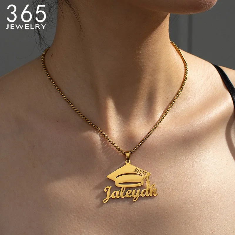 

Personalized Graduation Bachelor Hat Style Necklace Stainless Steel Custom Name Pendant For Boys Girls Student Memorial Jewelry