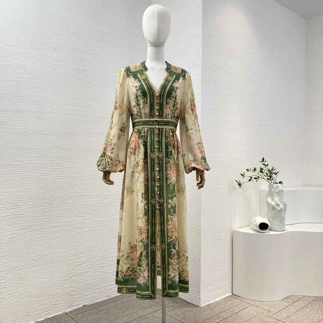 

High Quality Long Sleeve Silk Half Open Collar Stretchable Beige Floral Printing Woman Clothing Midi Dress