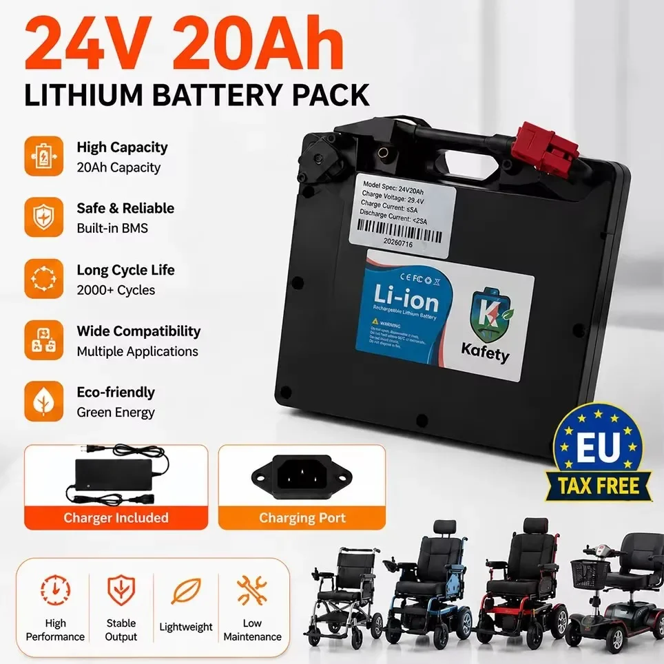 Nuova batteria al litio di alta qualità, 24V 20Ah, tecnologia LiFePO4, progettata per la ricarica rapida di sedie a rotelle elettriche, adatta per sedie a rotelle elettriche da 25,6V, dotata di