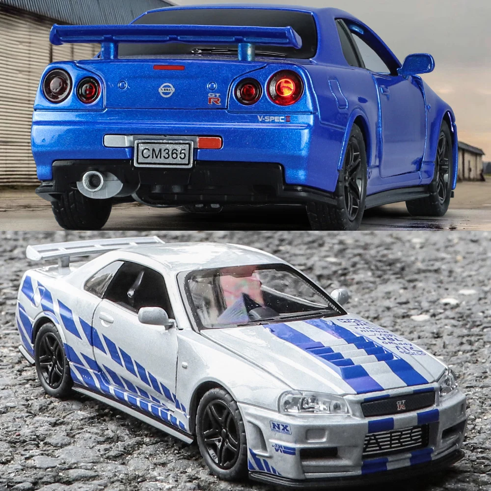 

Автомобиль под давлением Nissan GTR R34, коллекционная игрушка в масштабе 1/32, подарок для детей