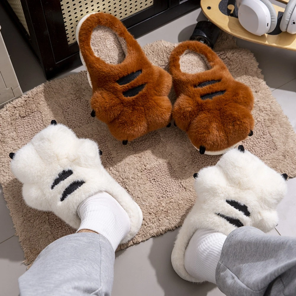 Stylish Cartoon Tiger Claw Slippers Bear Paw Cute Platform Flip Flops Floor Shoes Winter Plush Slides Winter