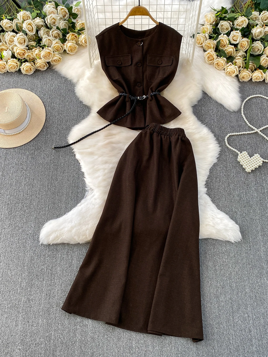 

Новинка 2025 года, джинсовый костюм, жилет, женский топ для похудения с затягивающей талией + юбка-миди трапециевидной формы, комплект из двух предметов, модный комплект для поездок на работу