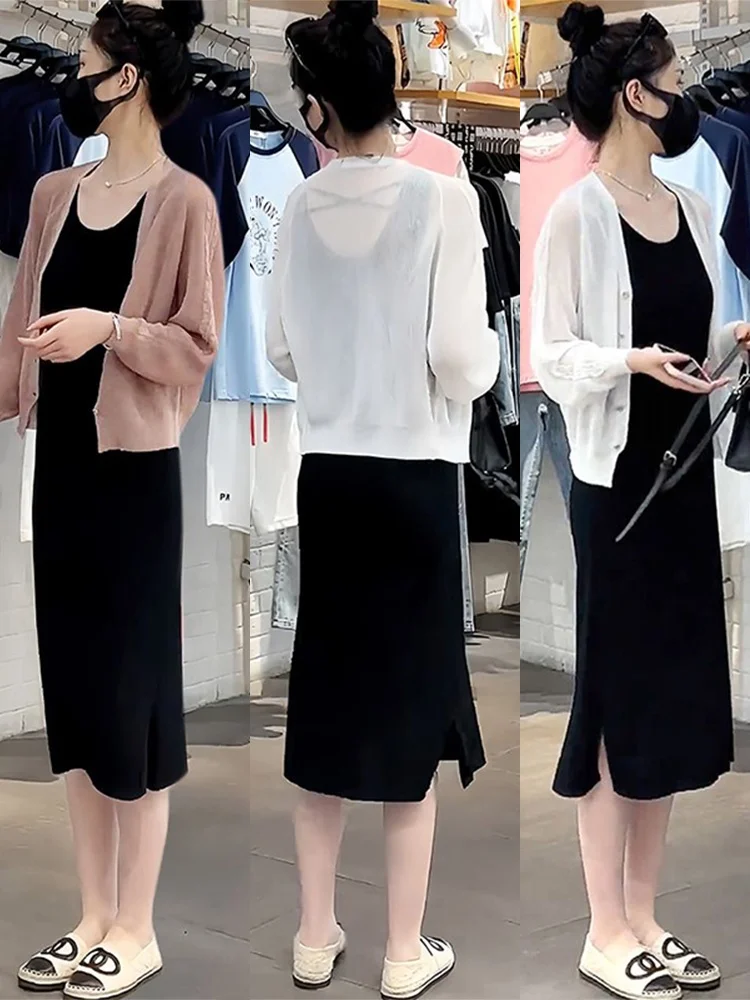 Women's Knitted Open Cardigan Jacket Ice Silk Thin Style Summer Fashion Outerwear with Strap Dress Top Loose Fit Zipper Design