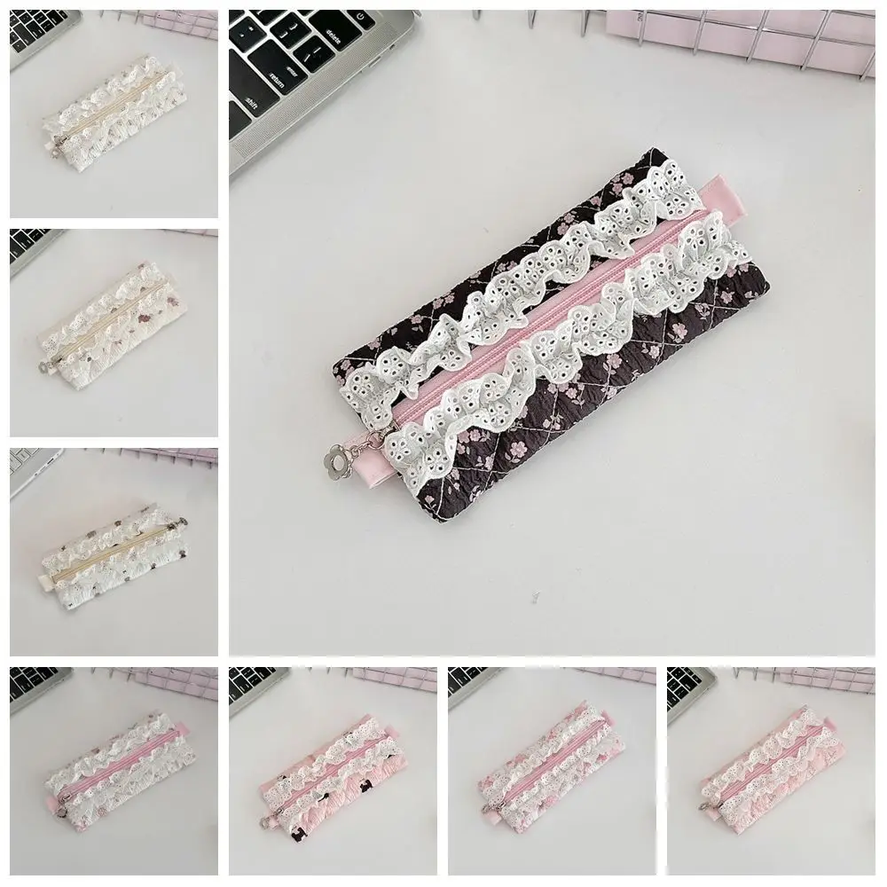 Fresh Lace Pencil Pouch Large Capacity Cosmetic Bag Flower Pattern Pen Case Makeup Bag Cartoon Stationery Storage Bag