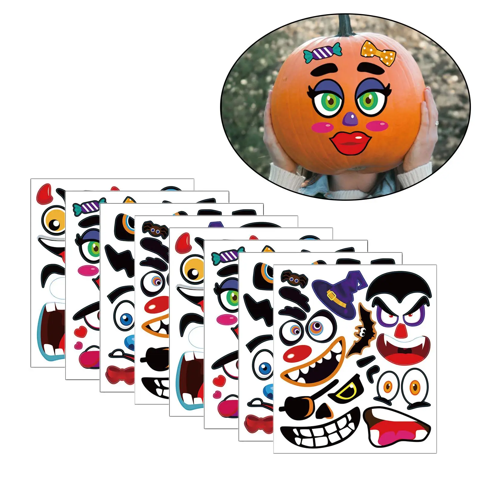 8 Sheets Halloween Pumpkin Stickers Scary Sticker Interesting Stickers Diy Pumpkin Decorating Stickers -26x30cm