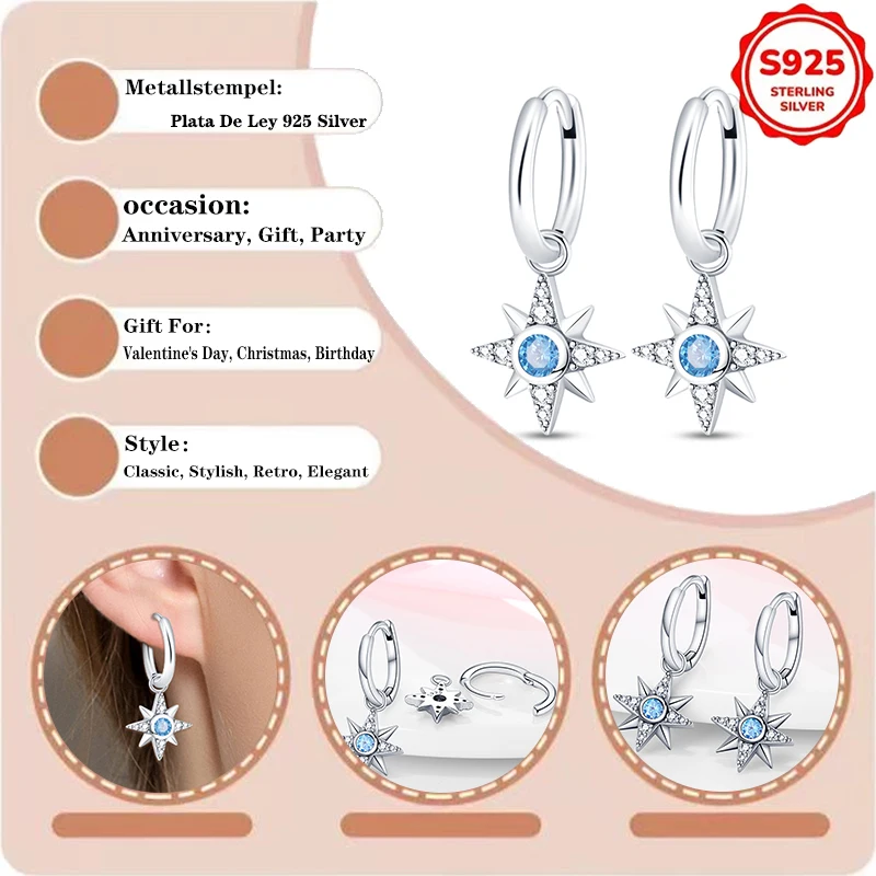 925 Silver Earrings for Women Blue Crystal North Star Dangle Earrings Shiny Zircon Eight-pointed Star Drop Ear Jewelry Gift