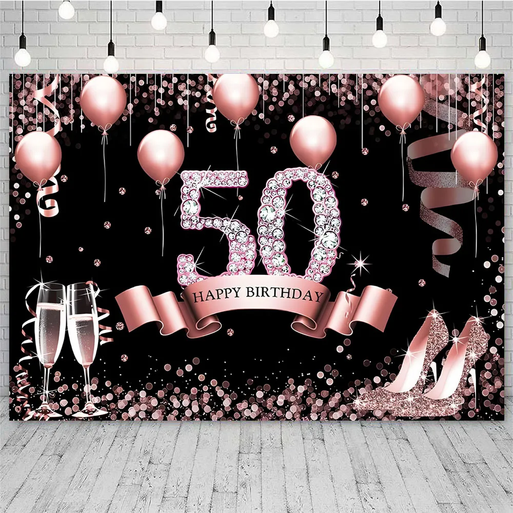 Happy 50th Birthday Backdrop Rose Gold Diamonds Fabulous Background Glitter Balloons Fifty Years Women Party Banner Decoration